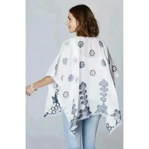 J Jill Ocean Breeze Jacquard Embroidered Open Cotton Poncho One Size Boho Beach - Picture 1 of 7